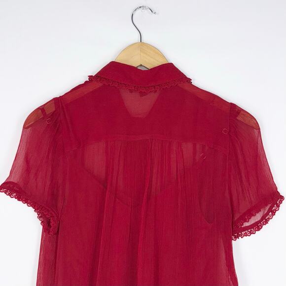 J Crew Women's Sheer Lace Trim Button Up Shirt Size 0 Red Short Sleeve - Picture 10 of 16